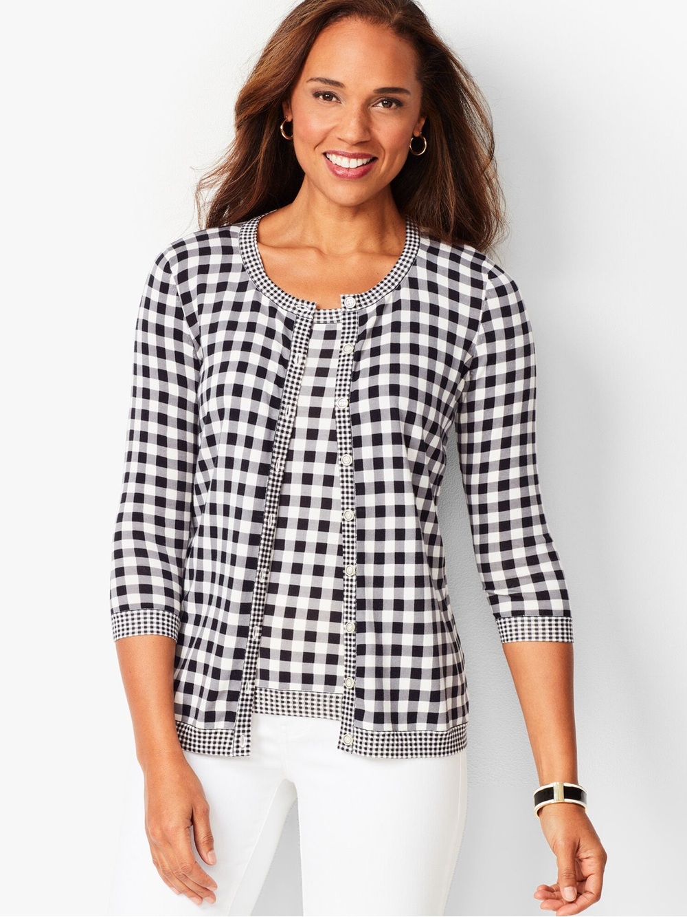 TALBOTS LP L Petite Charming Cardigan Mixed Gingham 3/4 Sleeve Black White Print